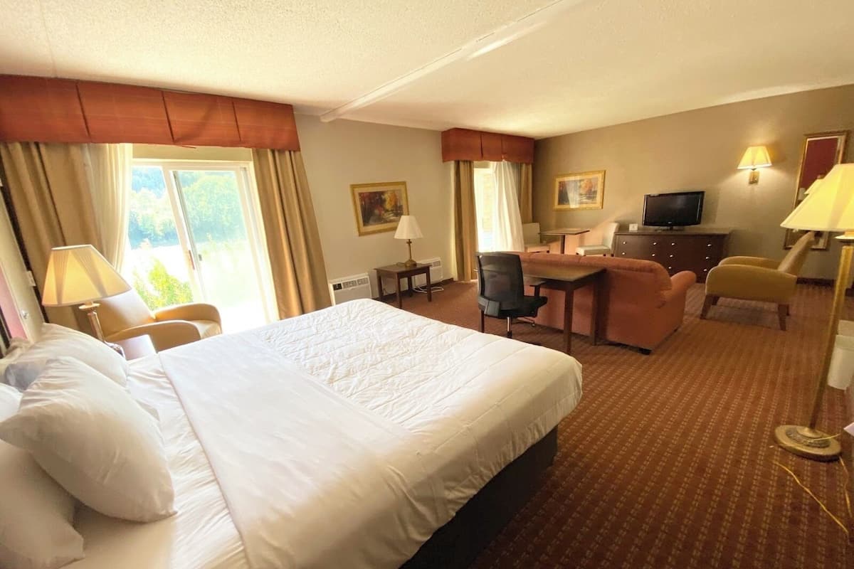 A hotel room with a large bed, a desk, a chair, a television, and a lamp.