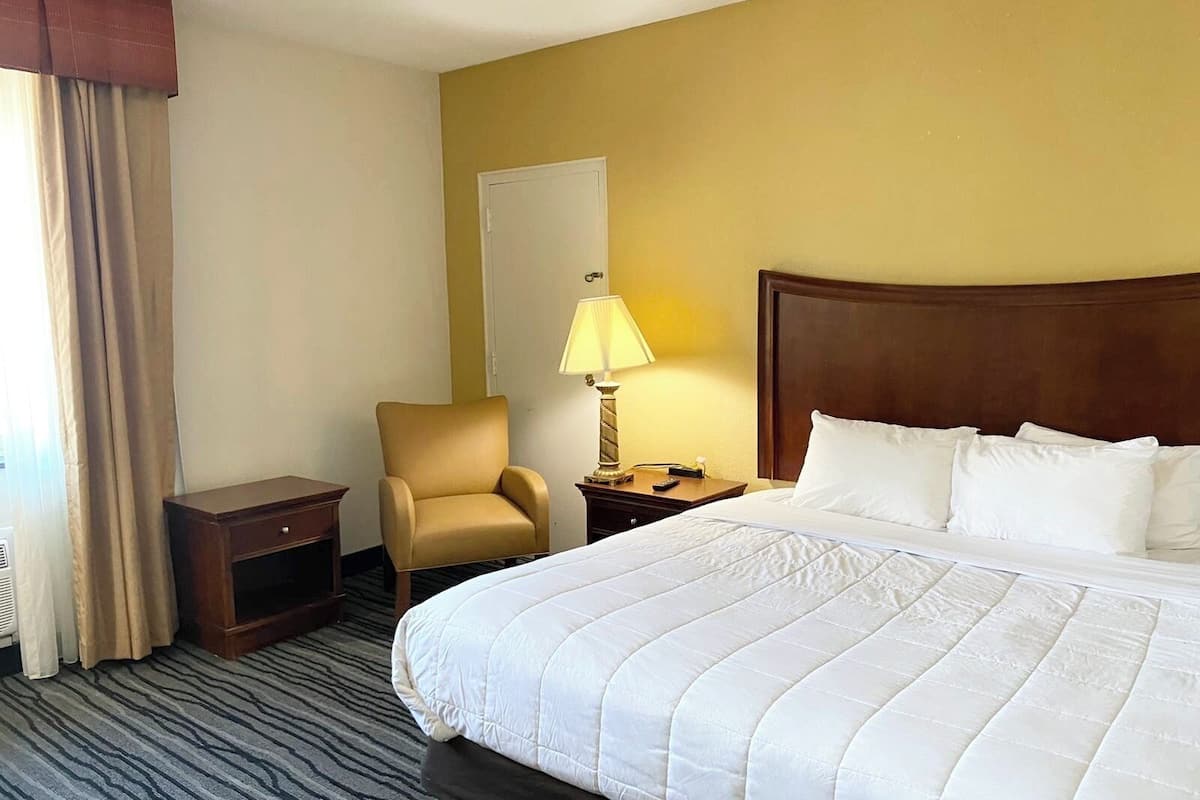 A hotel room with a large bed, a chair, a nightstand, a lamp, and a door.