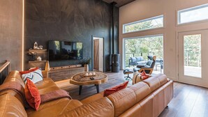 Ein modernes Wohnzimmer mit Kamin, Ledersofas, Fernseher und großen Fenstern.