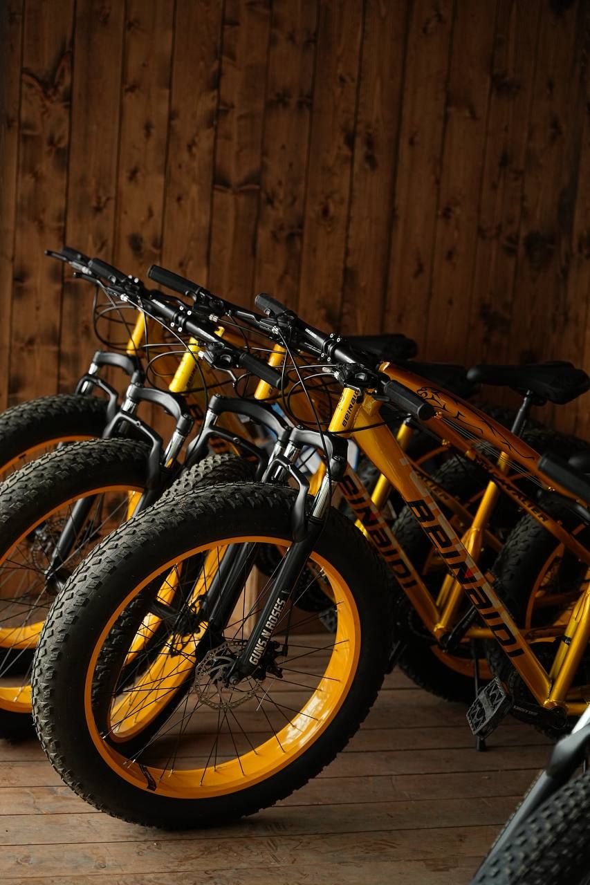 A wooden wall with a row of bicycles.