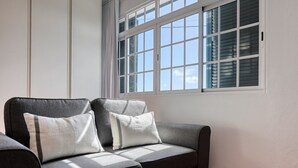 En grå sofa med to hvide puder i et rum med et stort vindue og hvide vægge.