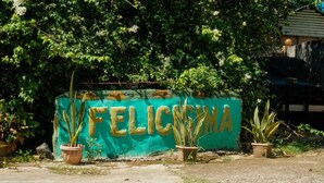 A sign with the word 'FELICITY' in large letters, surrounded by potted plants. - Casa Felicisima Inn (Puerto Princesa)