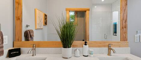 A bathroom with two sinks, a large mirror, and a potted plant.