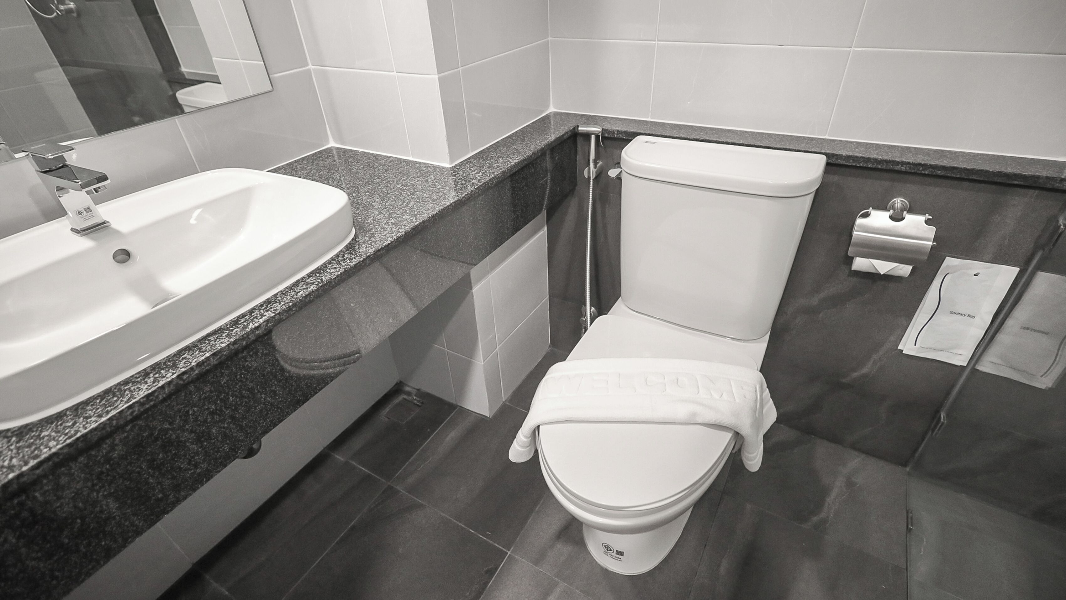 A modern bathroom with a white sink, toilet, and shower.