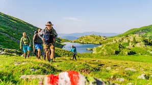 A group of hikers on a grassy trail with a lake and mountains in the background. - Inviting chalet on the ski-slope (Turracher Höhe)