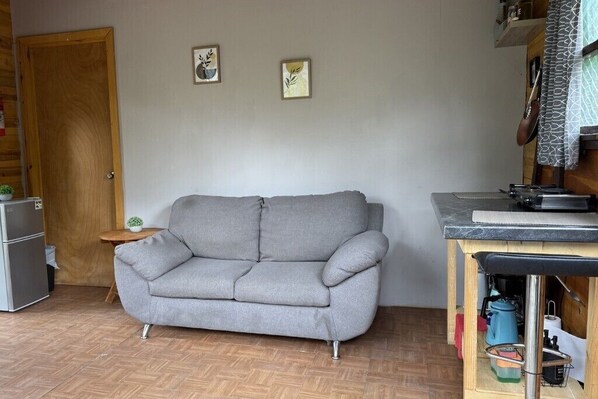 Una habitación con un sofá gris, una mesita auxiliar con una planta, una puerta de madera y una pequeña cocina con estufa y lavaplatos.