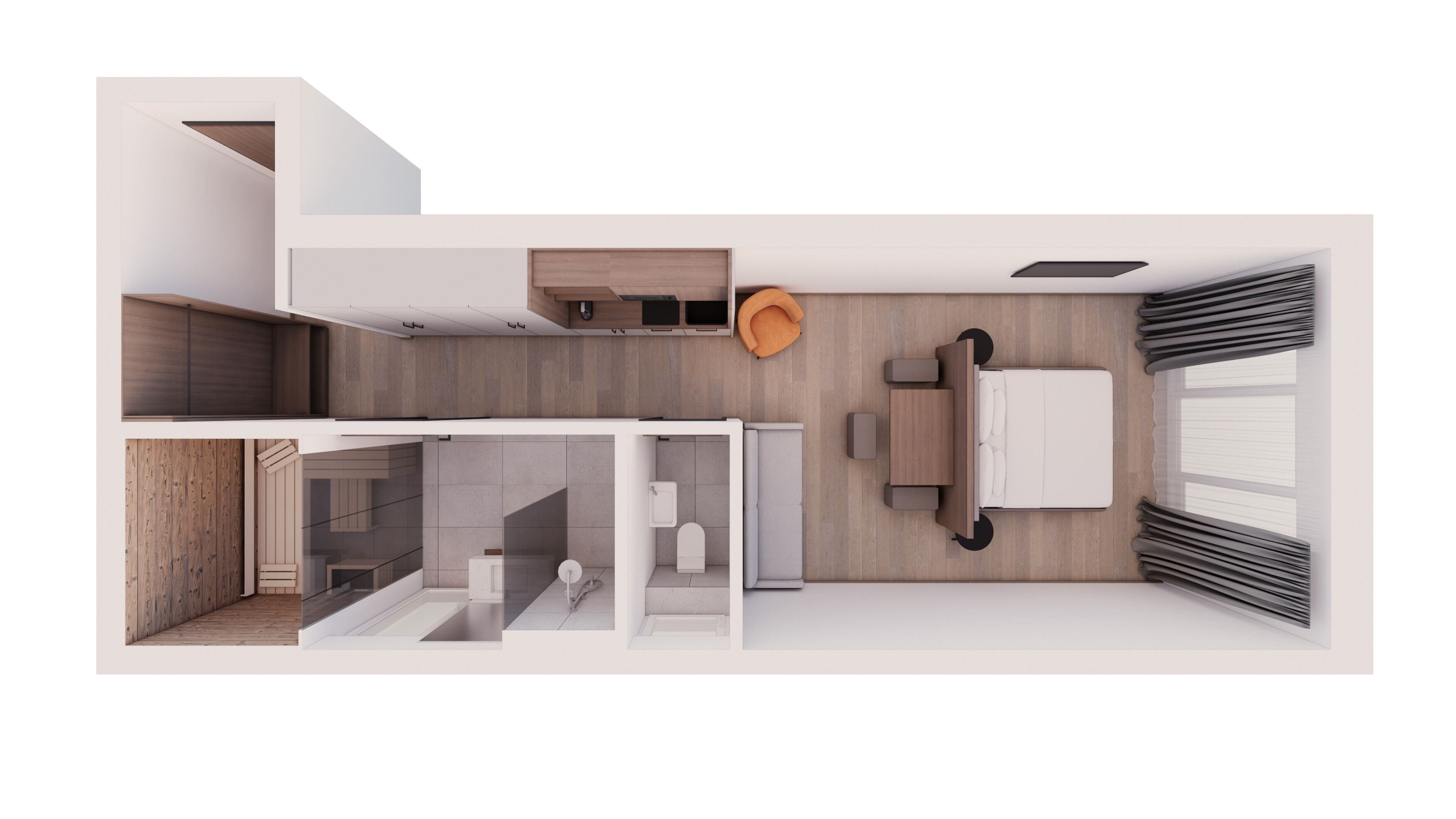 Un intérieur moderne comprenant une cuisine, un coin repas et une salle de bain.