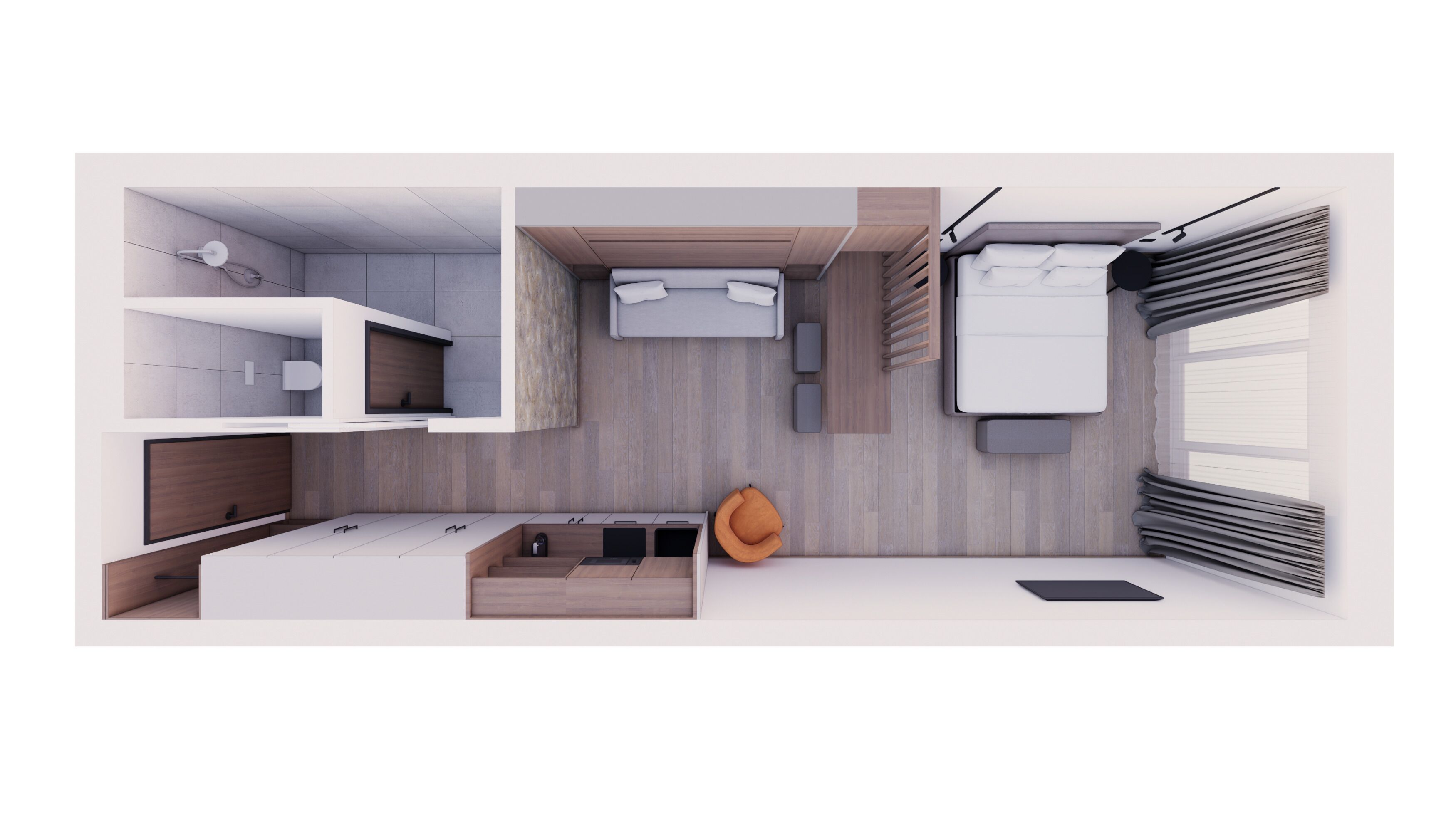 Une chambre d’hôtel moderne et compacte, dotée d’une kitchenette, d’un lit avec une tête de lit, d’un coin salon avec un fauteuil et d’une fenêtre avec des stores.