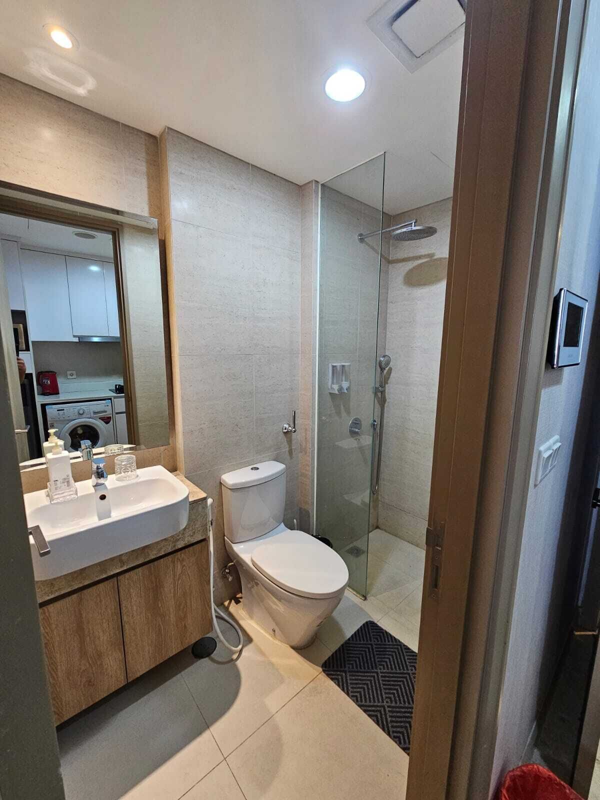 A modern bathroom with a glass-enclosed shower, a toilet, and a sink with a mirror above it.