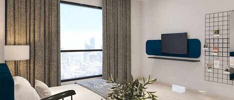 A modern hotel room with a large window, a bed, a dining table with a plant, and a mounted TV.