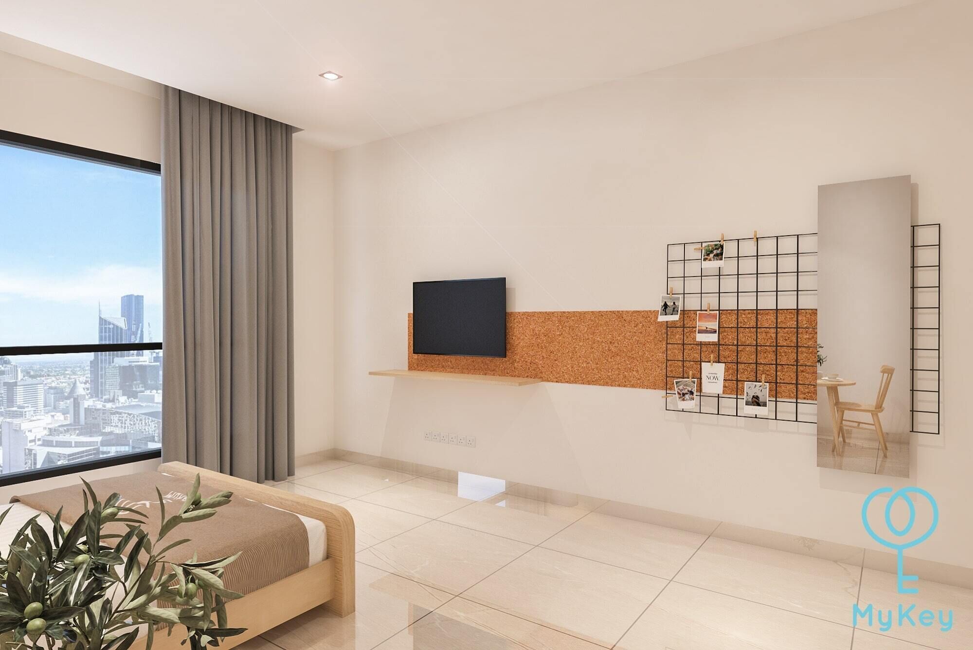 Een moderne hotelkamer met een groot raam, een bed, een televisie, een prikbord met foto's en een klein tafeltje.