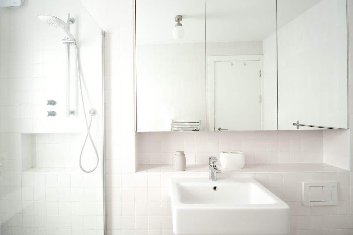Shower, hair dryer, shampoo