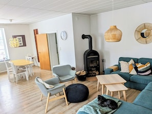 Smart TV, fireplace, DVD player, books