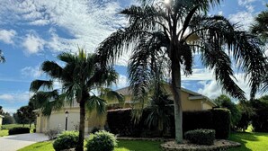 A residential area with a well-maintained lawn, palm trees, and a house with a beige exterior.