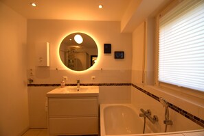 Hair dryer, towels, soap, shampoo