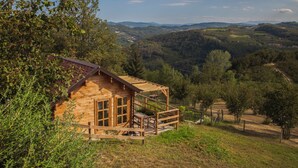 Une cabane en bois dotée d’un porche, entourée d’arbres et de collines.