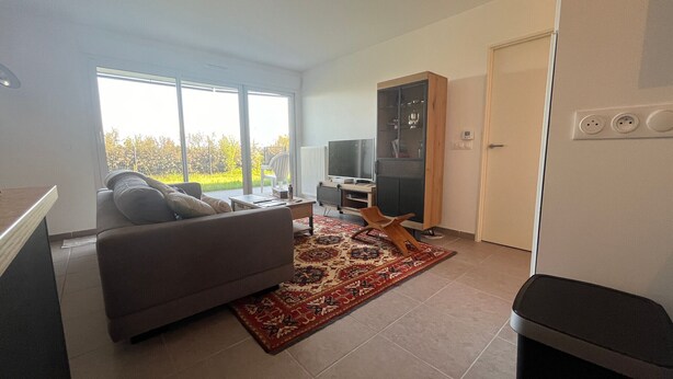 A modern living room with a sofa, a coffee table, a TV, and a large window with a view of greenery.