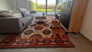 A living room with a sofa, a coffee table, a TV, and a patterned rug.