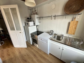 Fridge, microwave, dishwasher