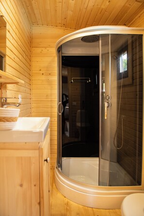 Shower, hair dryer, towels, toilet paper