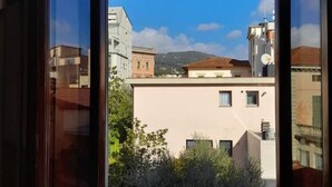 Une vue à travers la fenêtre d’un bâtiment doté d’un toit plat, d’une antenne parabolique et, au loin, d’une montagne.