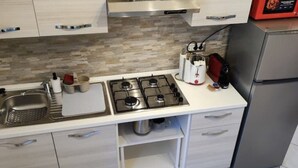 Une cuisine moderne dotée d’un évier en acier inoxydable, d’une cuisinière à gaz et d’un four encastré. On y trouve des armoires avec des poignées argentées et un réfrigérateur en acier inoxydable.