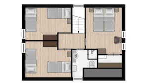 Indeling van een hotelkamer met twee slaapkamers, een zithoek, een eethoek, een badkamer en een kitchenette.