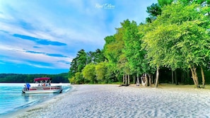 A beach with a boat on the water and trees along the shore.