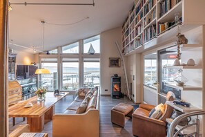 Télévision, cheminée, lecteur de DVD, livres