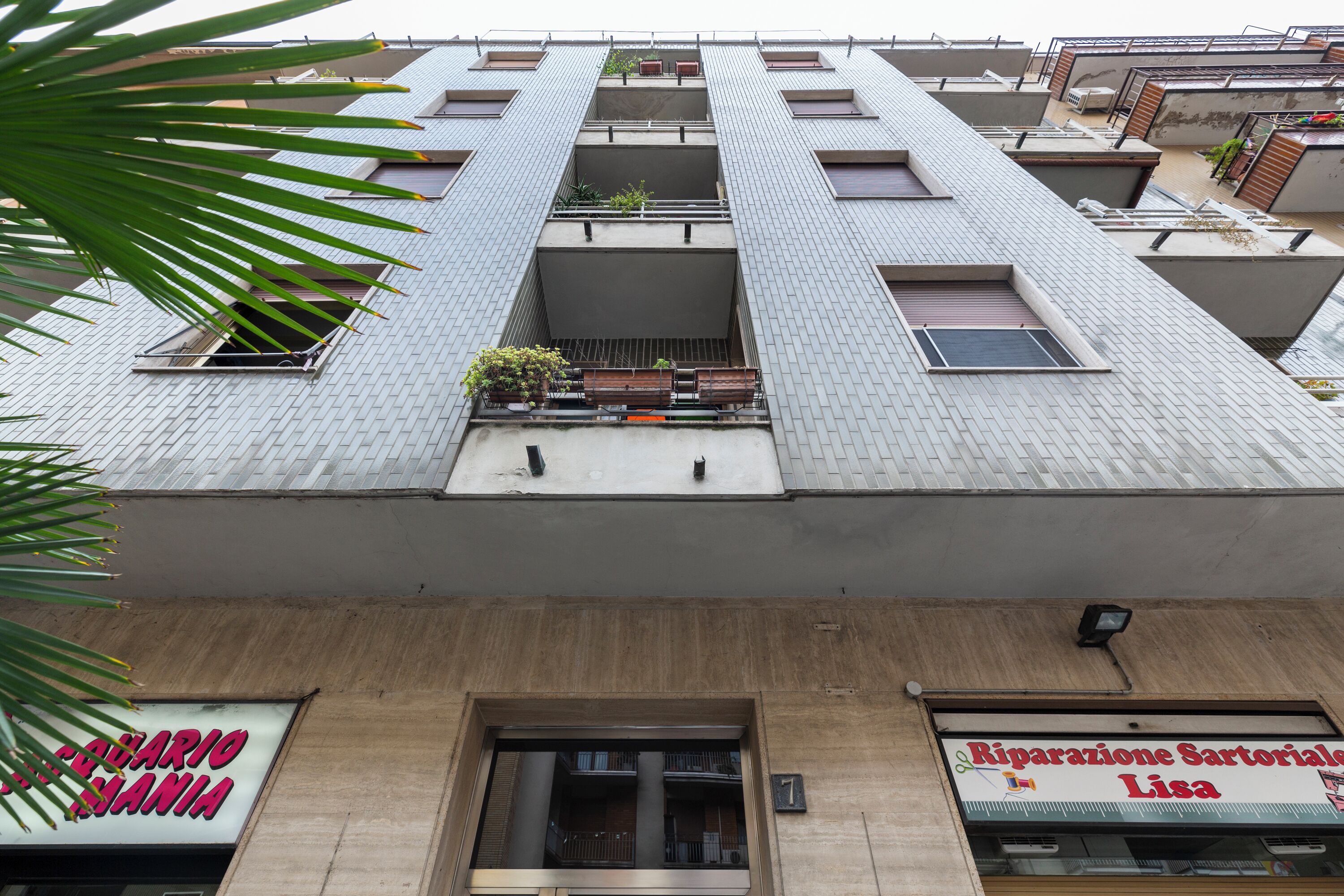 A multi-story building with balconies, a visible storefront, and a palm tree in the foreground.