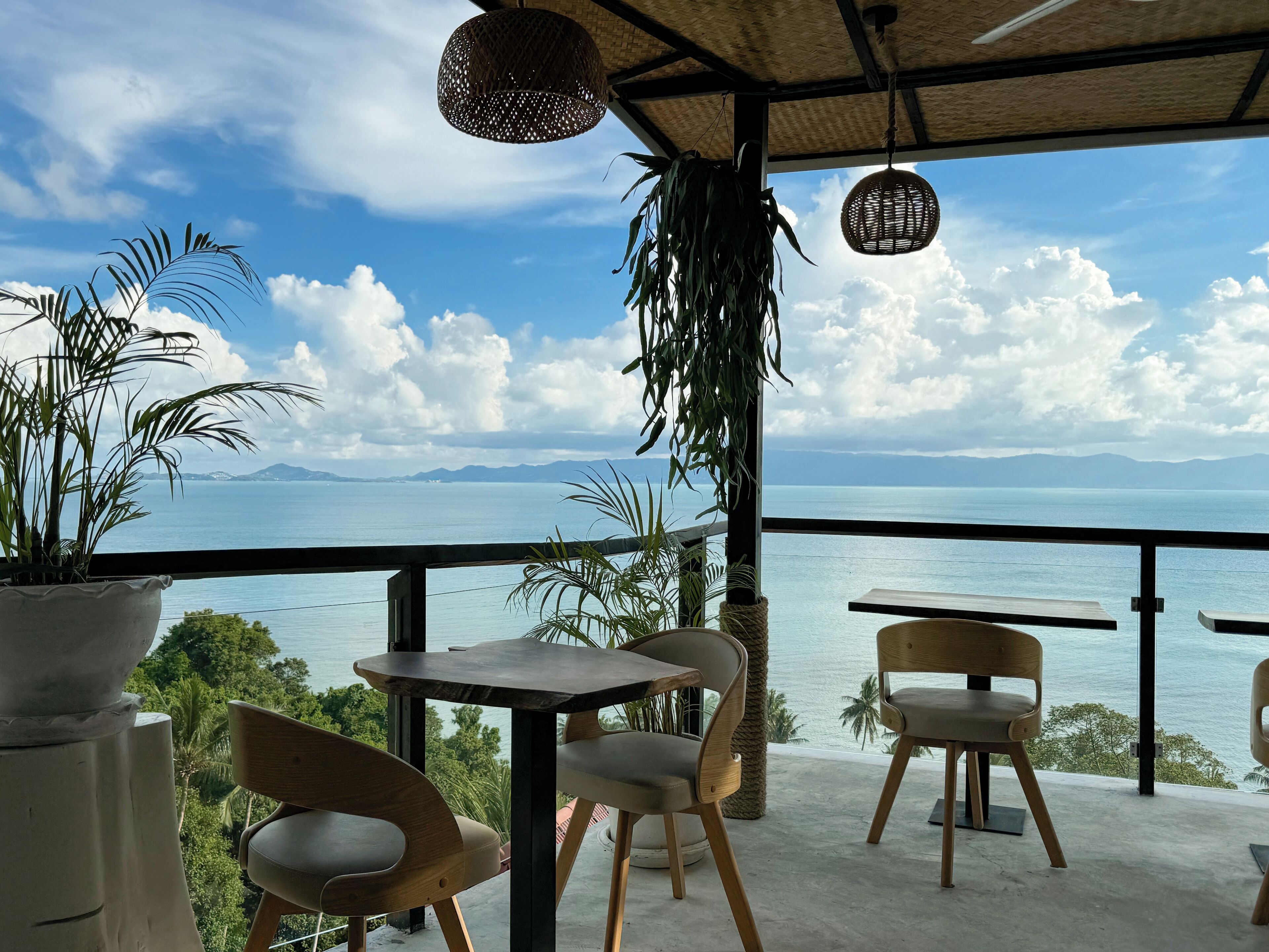 Una terraza con sillas y mesas de madera, plantas en macetas y vistas al mar y las montañas.