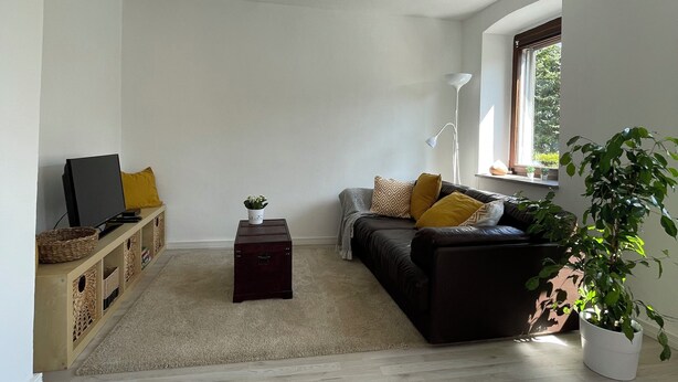 Ein geräumiges Wohnzimmer mit einem dunkelbraunen Sofa, einem kleinen Holztisch, einem Fernseher auf einem Holzboden und einer Topfpflanze.