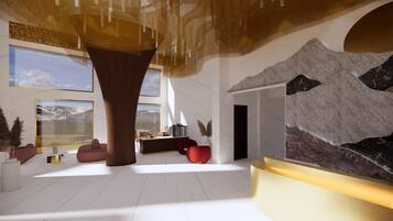 A modern interior with a large window, a wooden column, and a mountain view.