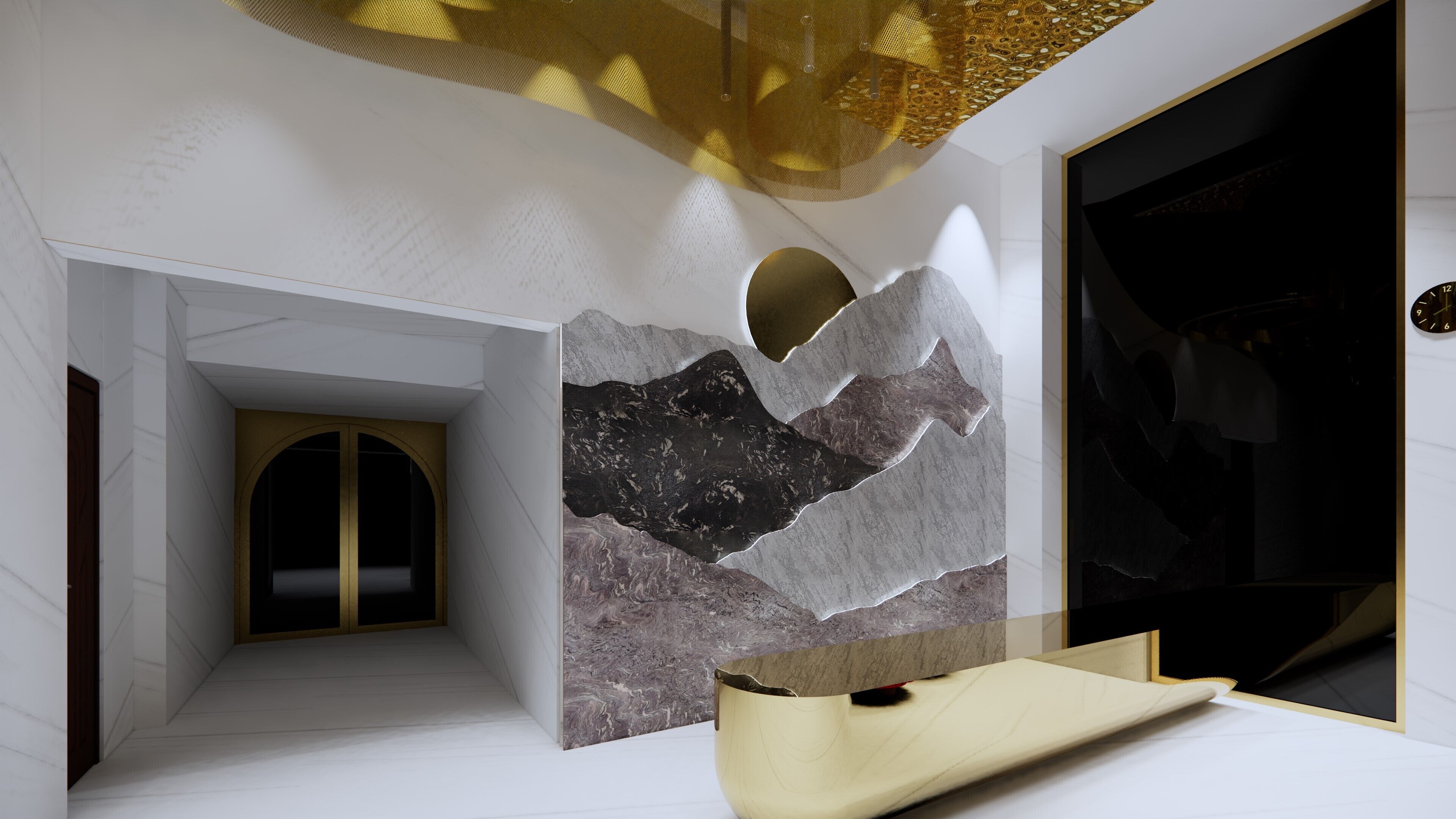 Un intérieur moderne avec un mur en pierre, une sculpture aux tons dorés et un grand miroir noir.