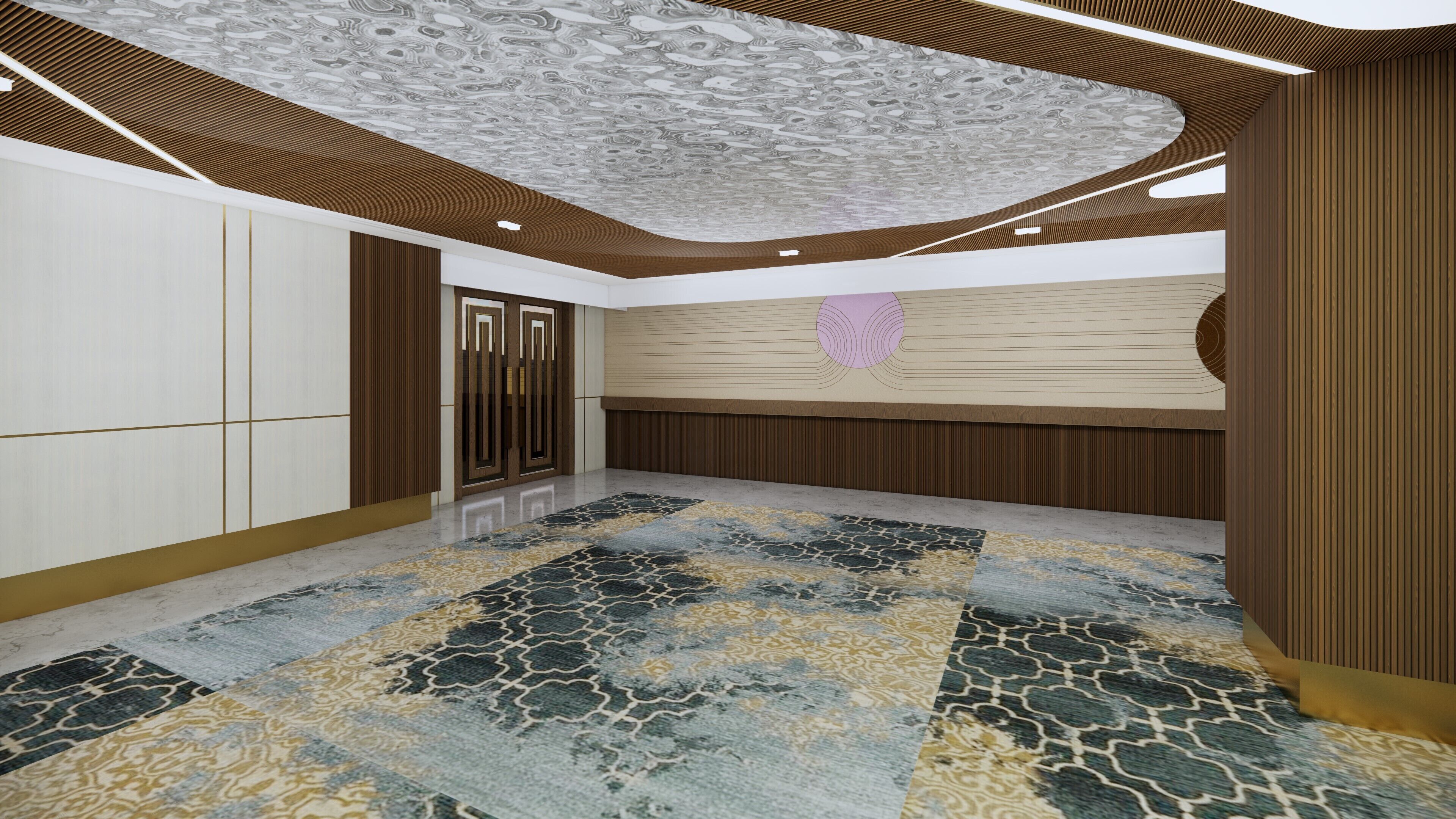 Ein geräumiges Zimmer mit einem gemusterten Teppich, Holzwandverkleidung und einer Decke mit einem einzigartigen Design.