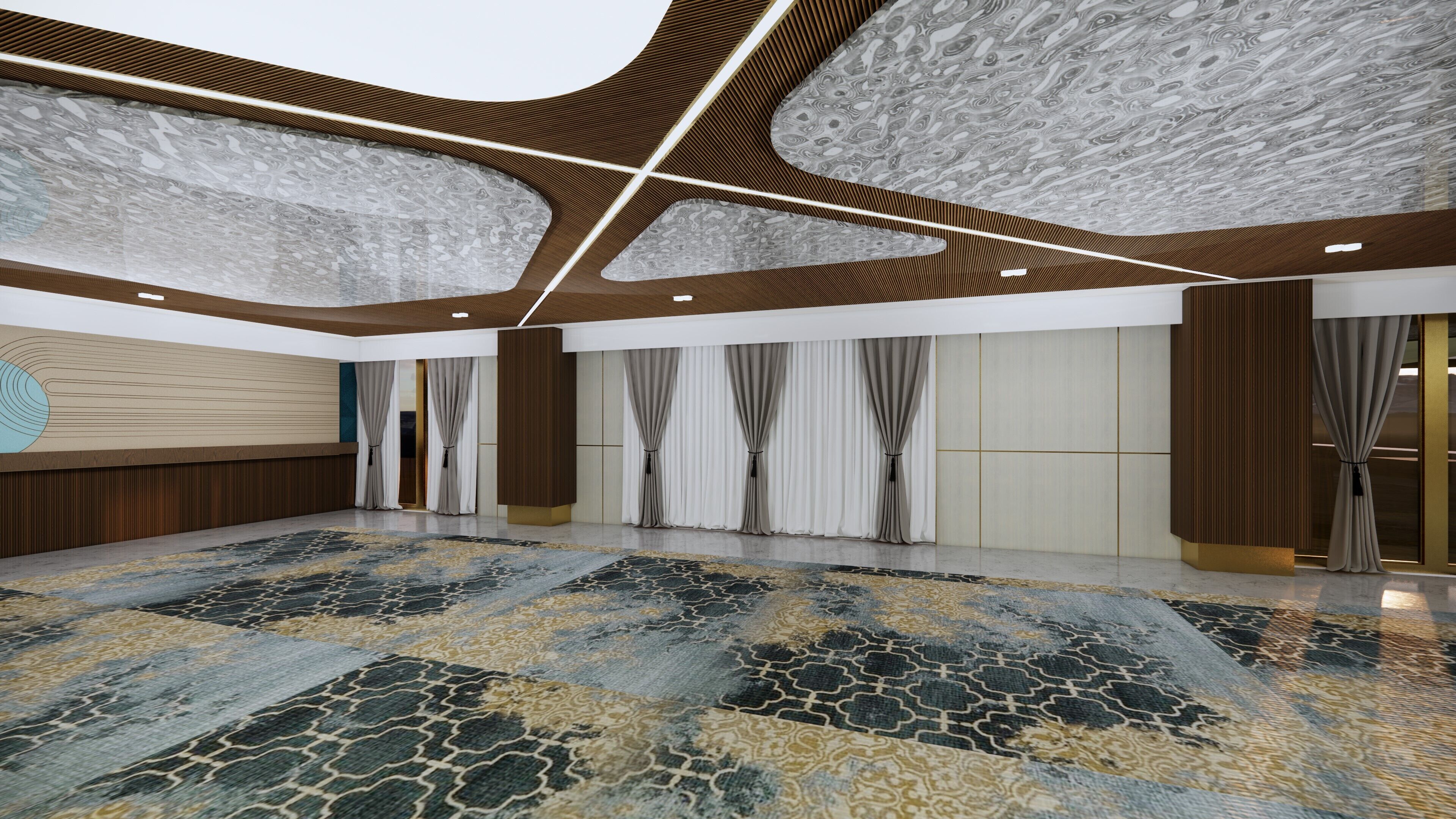 A spacious room with a patterned carpet, wooden paneling, and a large wall with a geometric design.