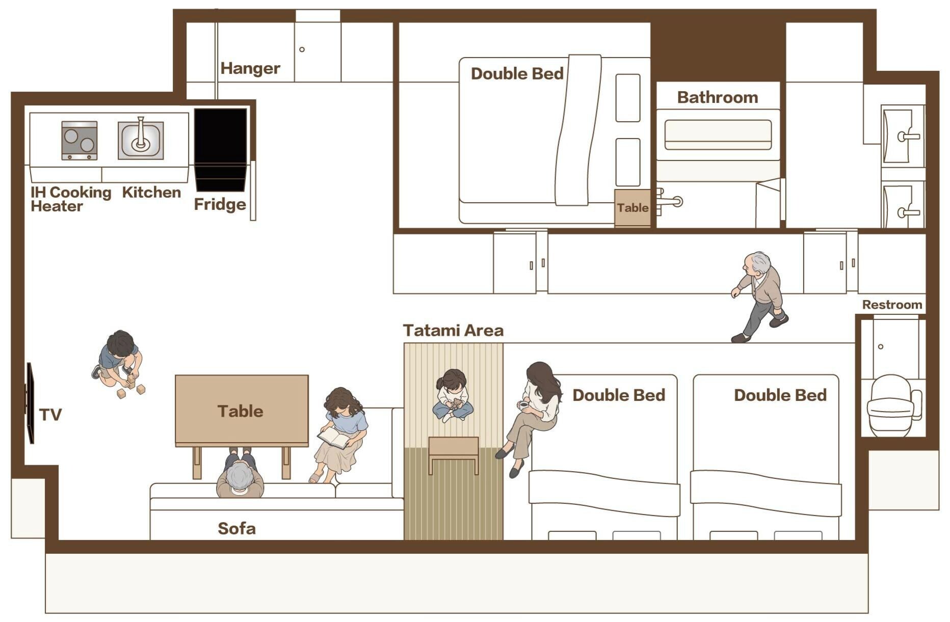 A floor plan with a kitchen, double beds, a bathroom, a tatami area, and a TV.