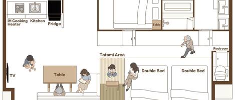 A floor plan with a kitchen, double beds, a bathroom, a tatami area, and a TV.