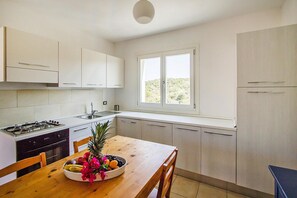 Comfort Apartment, 3 Bedrooms | Private kitchen | Fridge, oven, coffee/tea maker, electric kettle - Apartment in Golfo Aranci With Terrace (Arzachena)