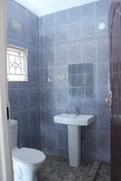 Shower, towels, soap, toilet paper