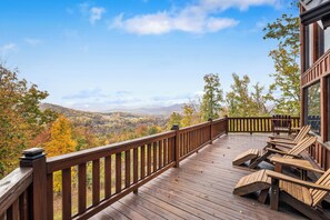 Terrace/patio - Pet-friendly, mountain view cabin rental with a hot tub, outdoor fireplace, WiFi (Morganton)