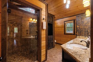 Shower, hair dryer, towels - Pet-friendly, mountain view cabin rental with a hot tub, outdoor fireplace, WiFi (Morganton)