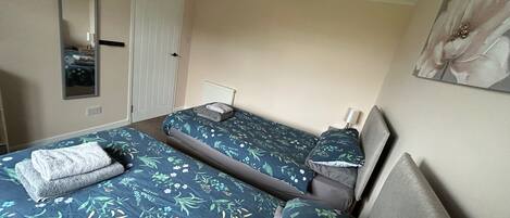 Een kamer met twee bedden, een spiegel, een deur en een schilderij aan de muur.