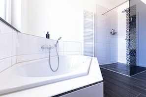 Hair dryer, towels, soap, shampoo