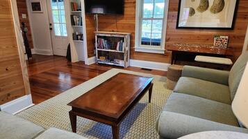 Smart TV, fireplace, books, computer monitors