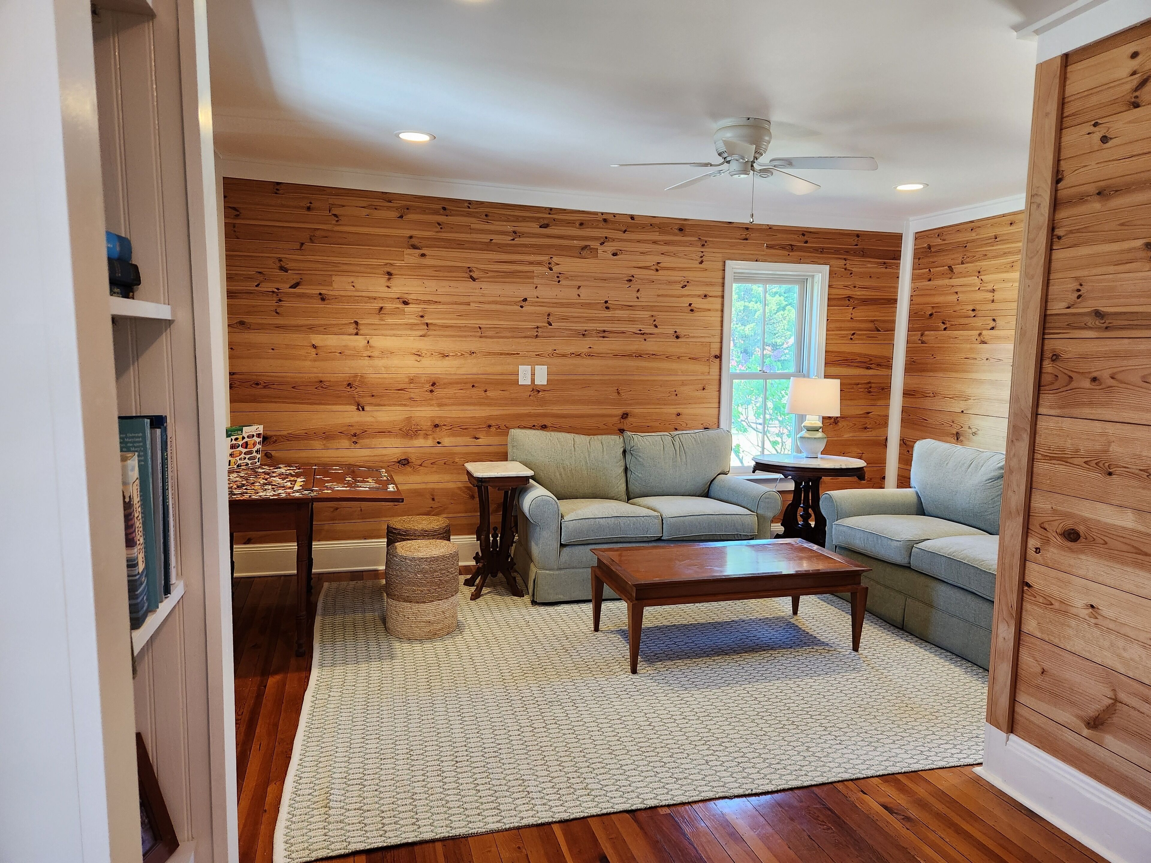 Smart TV, fireplace, books, computer monitors