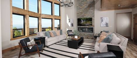 Smart TV, fireplace, foosball