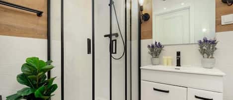 Dusche, Haartrockner, Handtücher, Shampoo