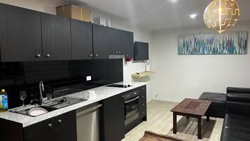 Full-sized fridge, microwave, oven, stovetop