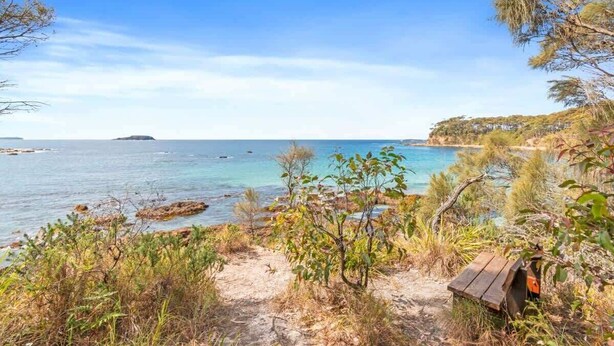 A coastal landscape with a sandy beach, clear blue water, and sparse vegetation. - Towering Gums (Lilli Pilli)